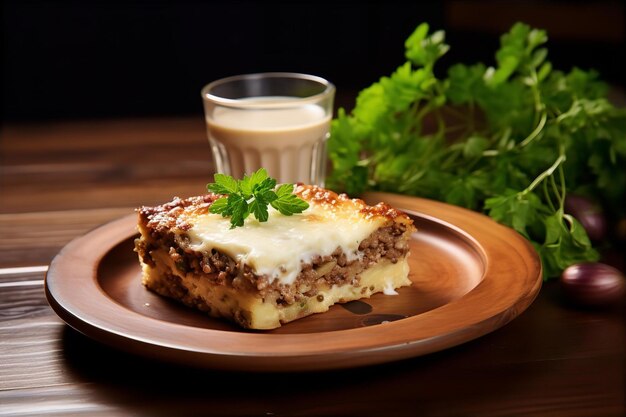 Foto frühstück mit moussaka und milch auf dem holztisch im esszimmer