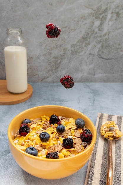 Frühstück mit Müsli und Früchten wie Blaubeeren und Brombeeren