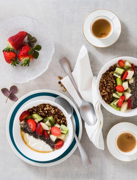 Frühstück mit Müslijoghurt, frischem Obst, Chiasamen, Ahornsirup und Beeren in Tellern auf dem Tisch