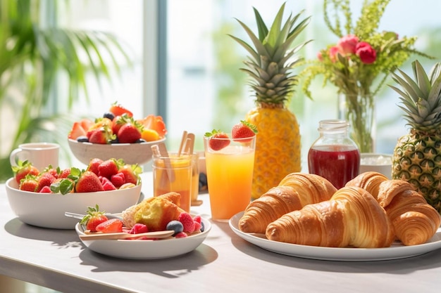 Frühstück mit Obst und Gemüse und Obst auf einem Tisch.