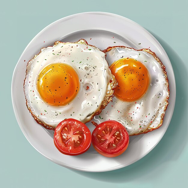 Frühstück mit zwei vollkommen gebratenen Eiern und gehackten Tomaten