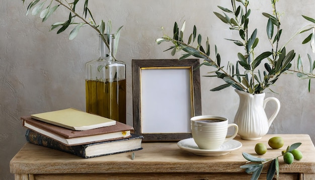 Frühstück Stillleben Becher Kaffeebücher und leerer Bildrahmen-Mockup auf einem Holzschreibtisch