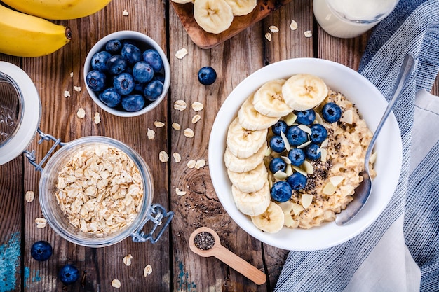 Frühstücks-Haferflocken mit Bananen, Blaubeeren, Chiasamen und Mandeln Draufsicht