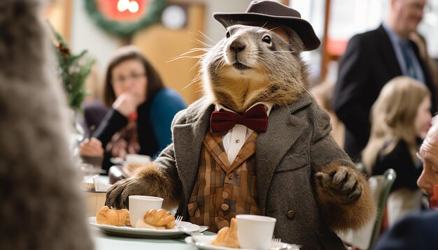 Foto frühstücks- oder pfannkuchen-feed-veranstaltung am groundhog day, bei der sich familien und freunde versammeln