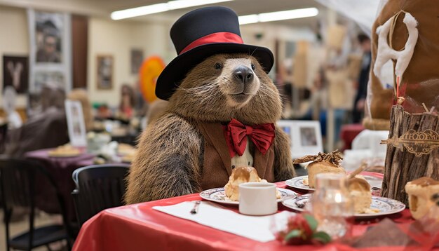 Foto frühstücks- oder pfannkuchen-feed-veranstaltung am groundhog day, bei der sich familien und freunde versammeln