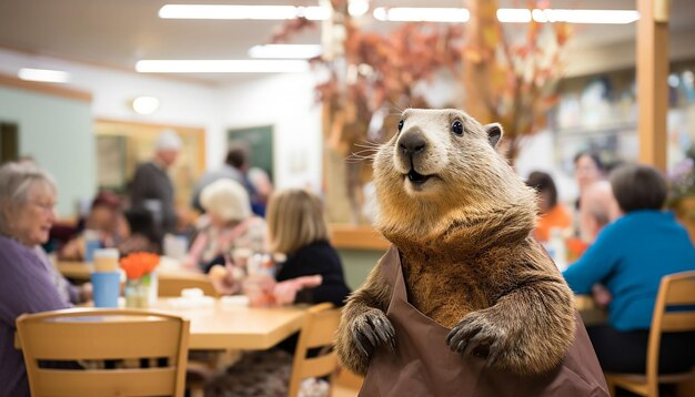 Foto frühstücks- oder pfannkuchen-feed-veranstaltung am groundhog day, bei der sich familien und freunde versammeln