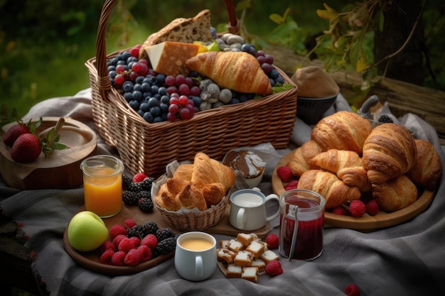 Frühstücks-Picknickkorb voller Gebäck, Obst und Kaffee, hergestellt mit generativer KI