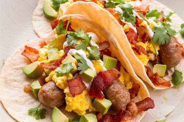 Frühstücks-Tacos mit Würstchen, Rührei, zerbrochenem Speck und zerkleinertem Avocado