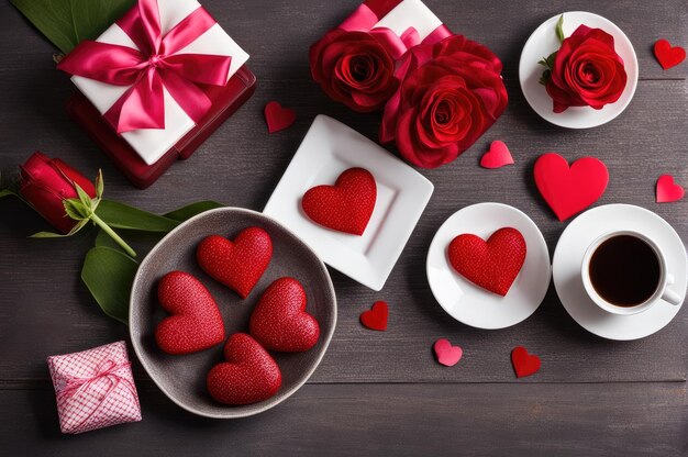 Frühstücks-Tischgestaltung für den Valentinstag mit Herzen Urlaubs-Liebeskonzept