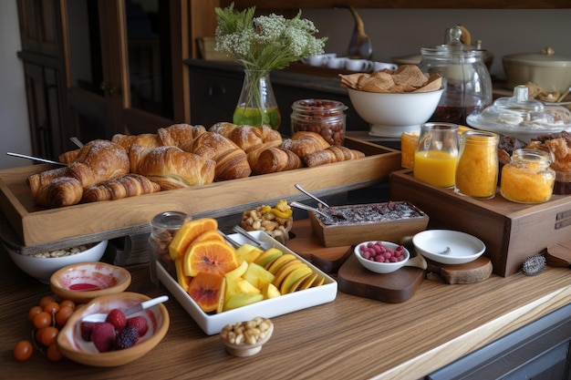 Frühstücksbar mit hausgemachtem Gebäck, Obst, Fleisch, Eiern, hergestellt mit generativer KI