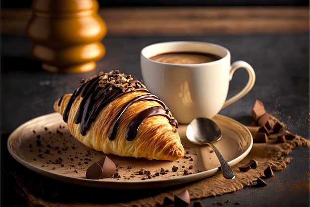 Foto frühstückscroissant mit schokolade beträufelt