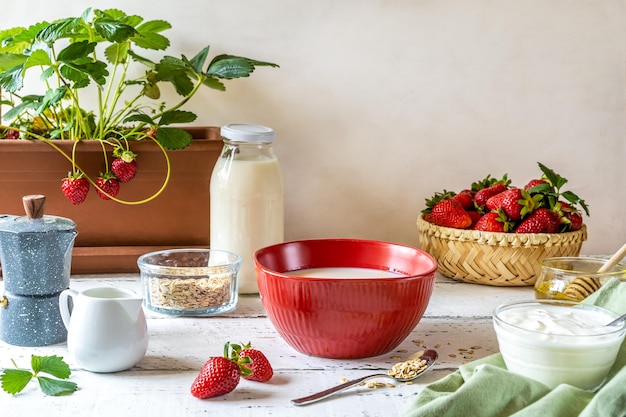 Frühstückskonzept mit Erdbeer-Joghurt-Müsli-Kaffeekanne Honig Mock-up Kopierbereich