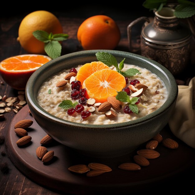 Frühstücksmahlzeit aus Brei mit frischem Obst