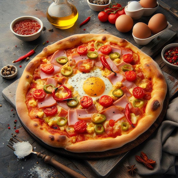 Frühstückspizza mit Rührei, Schinken, heißen Pfeffer und Tomaten