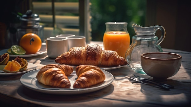 Frühstückstisch mit einer Tasse Orangensaft und Croissants