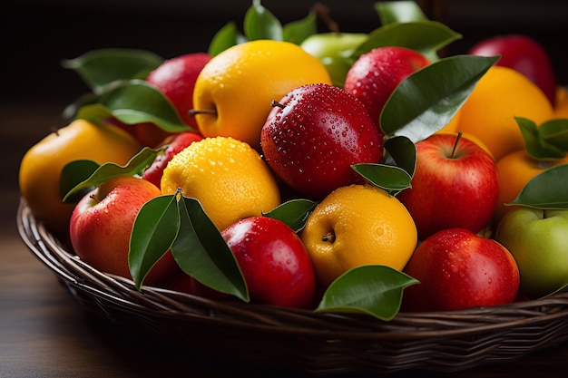 Fruitful Medley Generative AI's Nahaufnahme eines bunten Korbes mit Äpfeln, Trauben, Orangen, Beeren und Guave