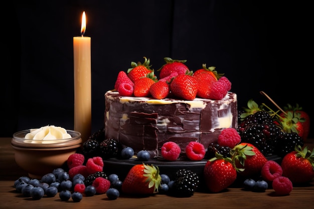 Fruity Delights Uma mesa posta com bolo e velas de cera em uma proporção de 32