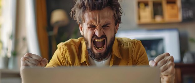 Foto frustração tecnológica homem sobrecarregado com trabalho de computador conceito de tecnologia frustração de sobrecarga de computador gestão do estresse tecnologia tempo de inatividade homem frustrado