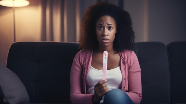 Foto frustrada e triste jovem mulher afro-americana chorando sentado no sofá em casa e segurando negativo