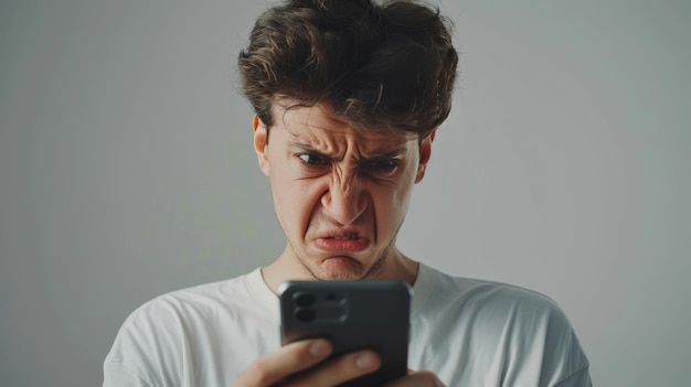 Frustrado irritado usuário de smartphone chateado com problemas com telefone móvel aplicativo on-line serviços virtuais erros erros segurando telefone celular olhando para a tela com a testa fruncida rosto chateado