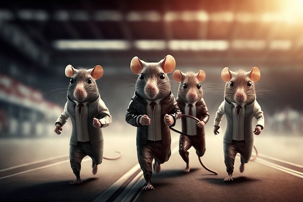 Frustrierte Ratten im Anzug, die auf der Rennstrecke laufen, bewerten das Rennkonzept