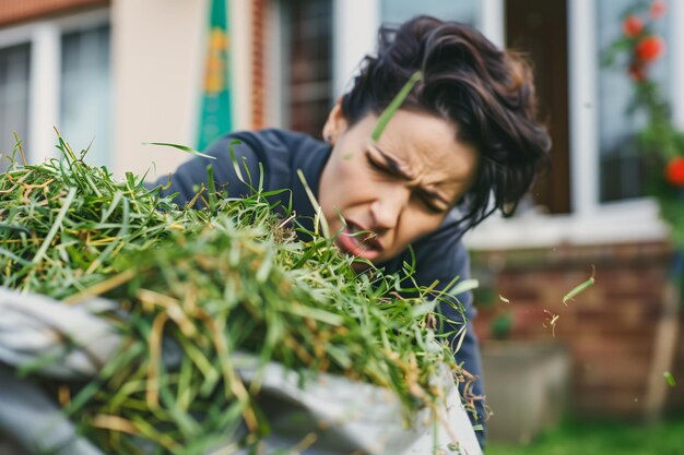 Foto frustriertes individuum schaut auf einen überfüllten beutel mit grasstücken