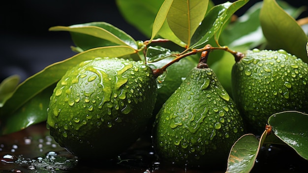 Fruta de aguacate fresca con gotas de agua en la rama en una suave atmósfera brillante de ensueño Fruta natural