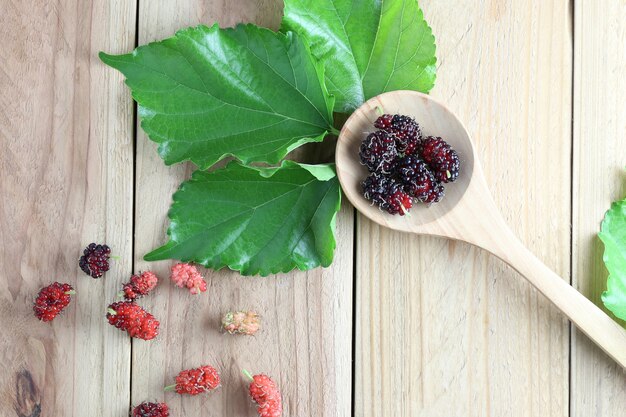 Fruta amoreira em colher de pau e folhas verdes