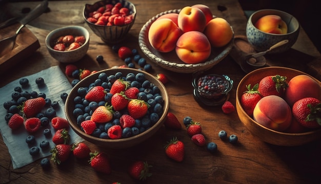 Fruta de baya madura en una mesa de madera rústica generada por IA