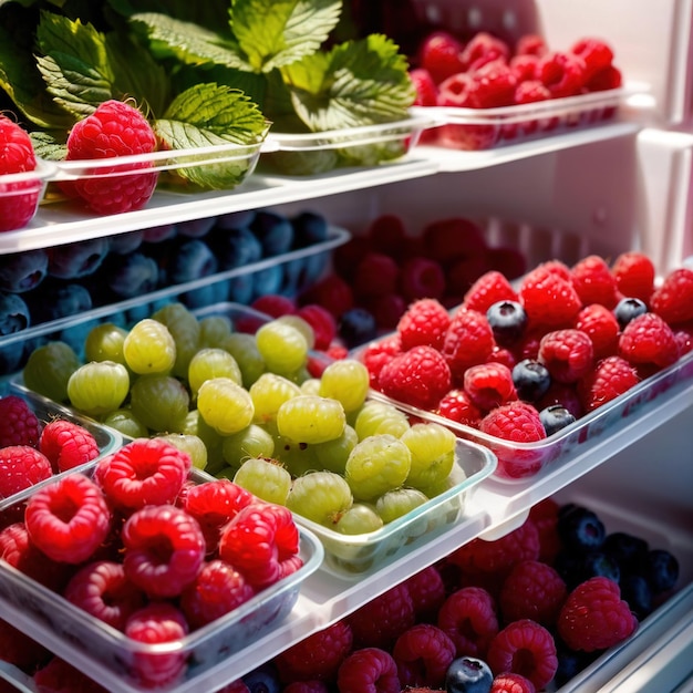 Fruta de bayas frescas almacenada cuidadosamente en contenedores de pasta transparente organizados