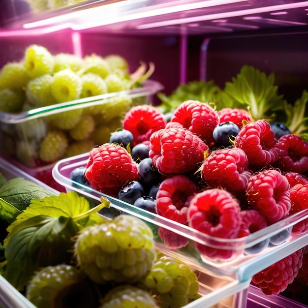 Fruta de bayas frescas almacenada cuidadosamente en contenedores de pasta transparente organizados