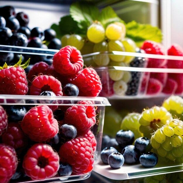 Fruta de bayas frescas almacenada cuidadosamente en contenedores de pasta transparente organizados