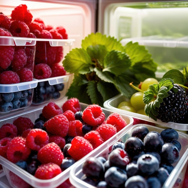 Fruta de bayas frescas almacenada cuidadosamente en contenedores de pasta transparente organizados