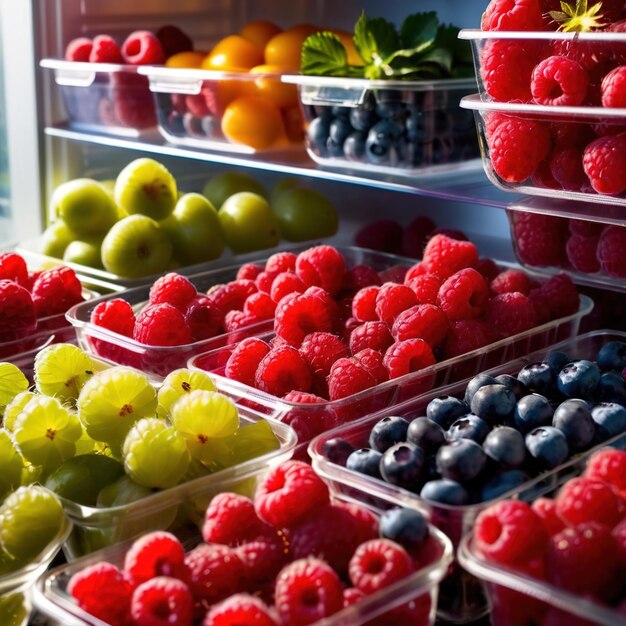 Fruta de bayas frescas almacenada cuidadosamente en contenedores de pasta transparente organizados