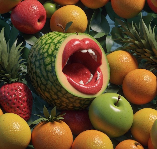 una fruta con una boca abierta y una boca roja que dice sonrisa
