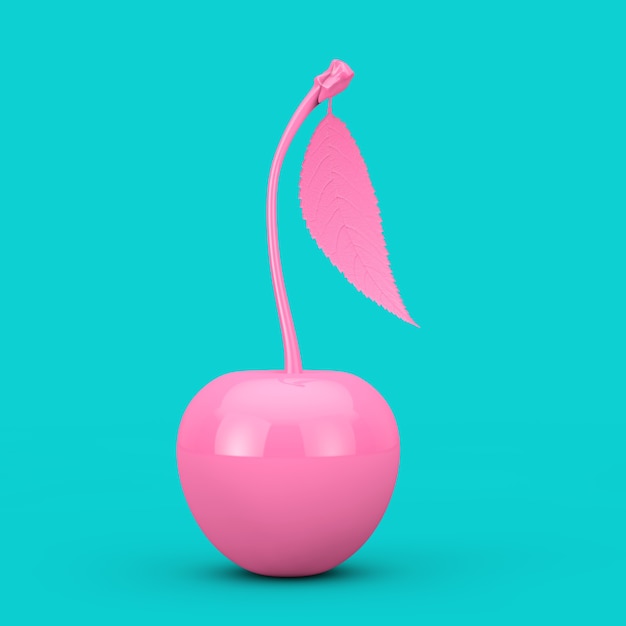 Fruta cereja rosa fresca com folha no estilo Duotone sobre um fundo azul. Renderização 3D