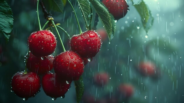 Foto fruta de cereza fresca con agua encima