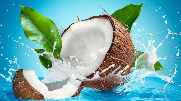 Una fruta de coco fresca realista con hojas salpicadas de agua