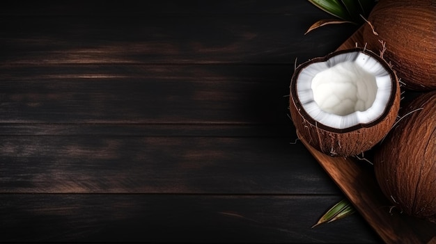 Fruta De Coco Orgánica Fresca Fondo Horizontal Fotorrealista Dieta Vegetariana Saludable Fondo Generado Por Ai Con Deliciosa Y Jugosa Fruta De Coco En Una Encimera De Madera Con Espacio Para Copiar