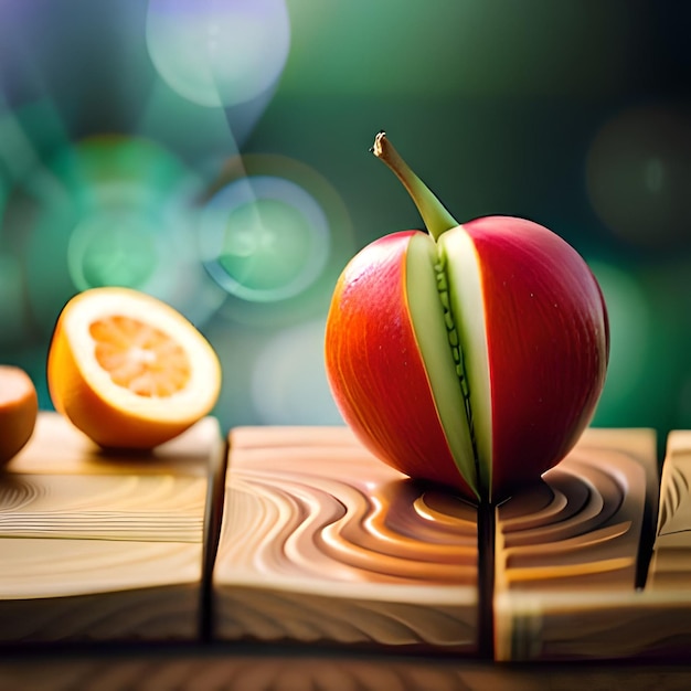 Una fruta cortada por la mitad y un corte por la mitad