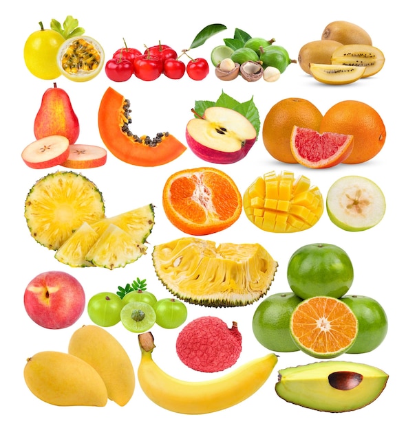 fruta da paixão Acerola cereja macadâmia kiwi pêra papaia maçã toranja ananás pêssego framboesa indiana groselha tangerina manga jaca-fruto pêra banana abacate lício em fundo branco