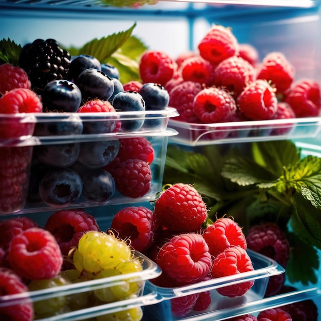 Fruta de bagas frescas armazenada cuidadosamente em recipientes de pasta transparente organizados