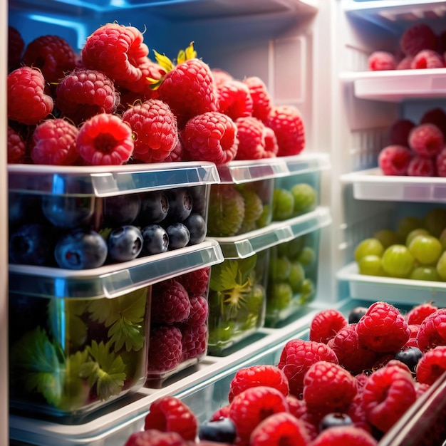 Fruta de bagas frescas armazenada cuidadosamente em recipientes de pasta transparente organizados