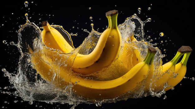 Fruta de banana amarela orgânica fresca e madura que cai na água e salpica