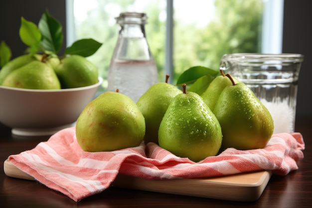 fruta de goiaba na mesa da cozinha publicidade de fotografia de comida profissional