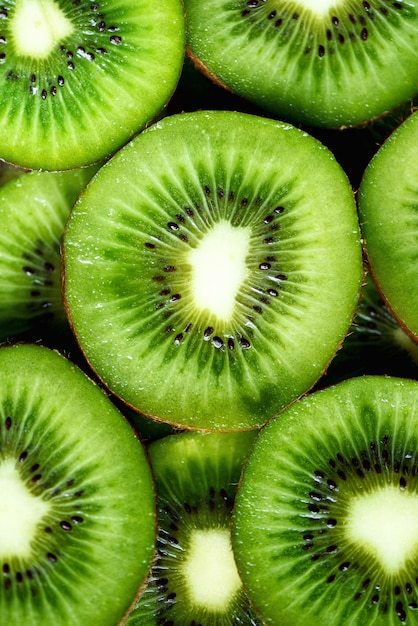 Fruta de quivi orgânica fresca cortada. Comida com espaço de cópia para o seu texto ... Círculos de kiwi verde