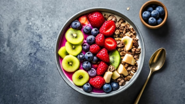 La fruta deleita un cuenco de sol en su mesa