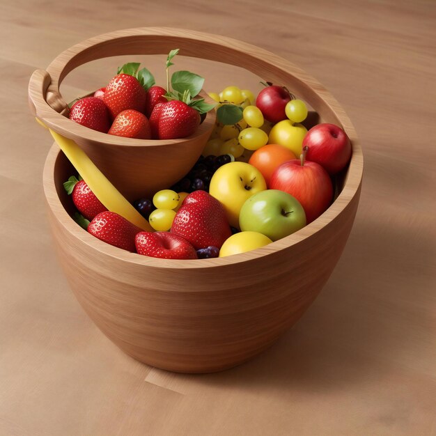 Fruta deliciosa en un cuenco de madera