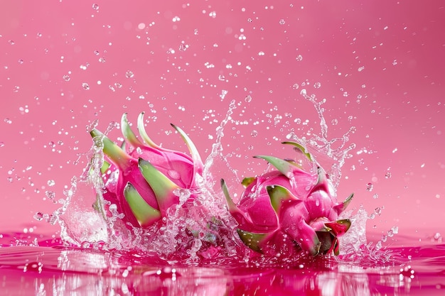 La fruta del dragón en el agua salpicando la fruta de la pitaya en el fondo rosa