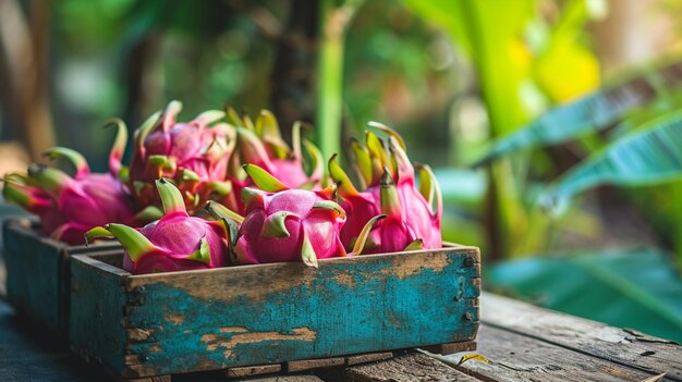 Foto fruta de dragón en una caja de madera contra el fondo de la naturaleza